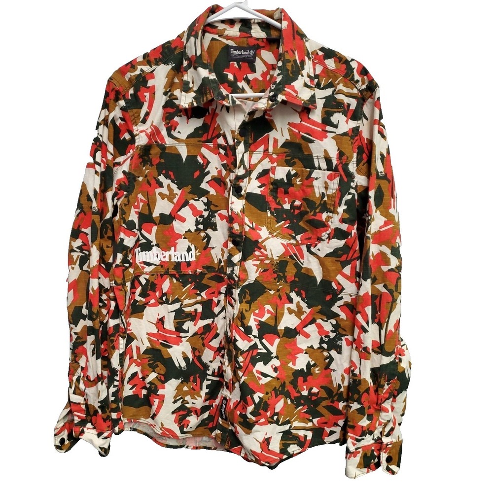 Timberland mens LS collared Snap front size Medium Multicolor Camo Logo
